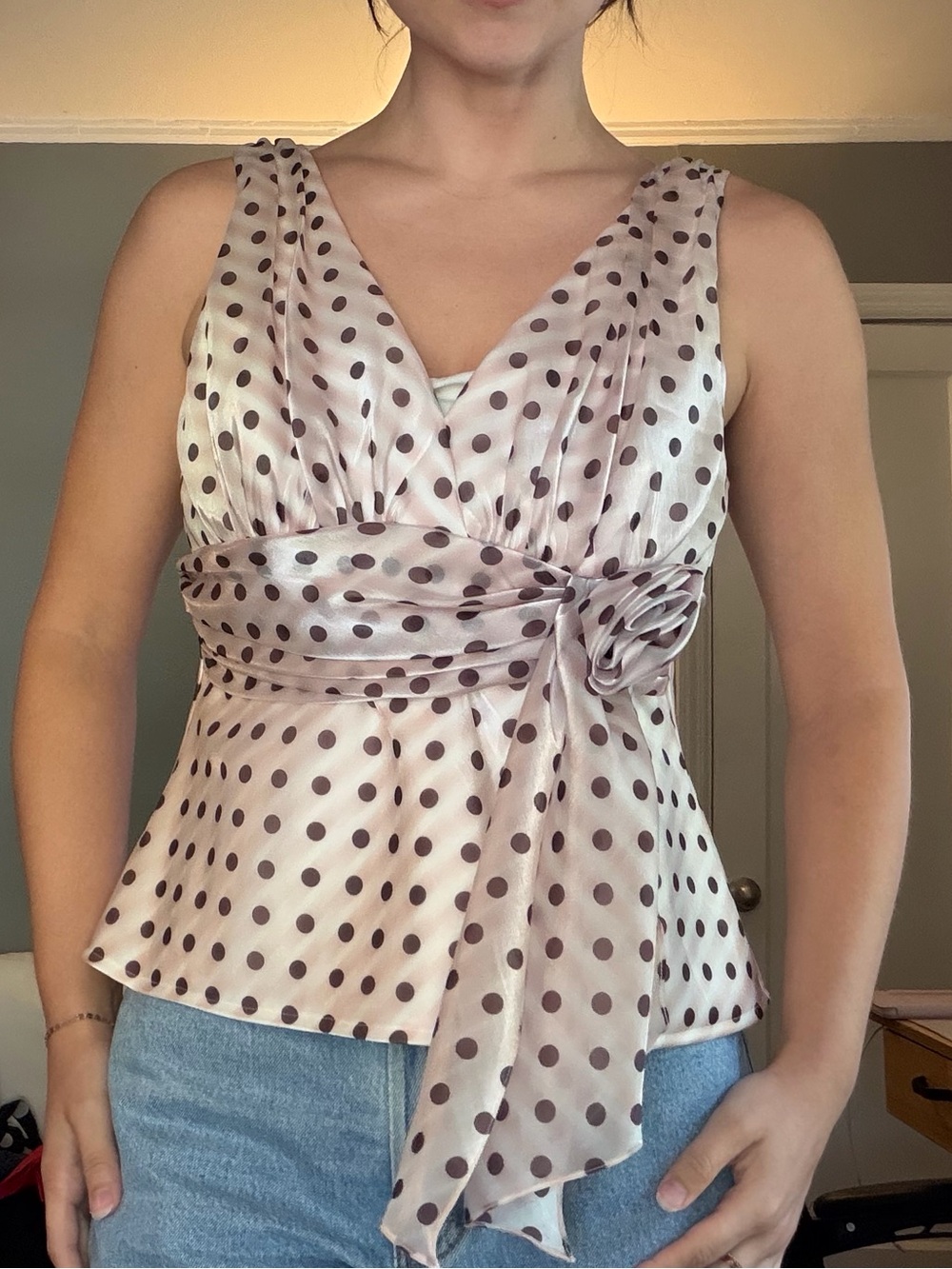 Y2K Cachet Pink Polka Dot V-Neck Peplum Too with Waist Tie